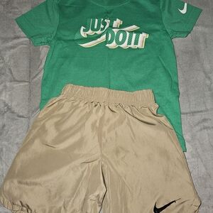 Nike Green 'Just Do It' Tee with Tan Athletic Shorts